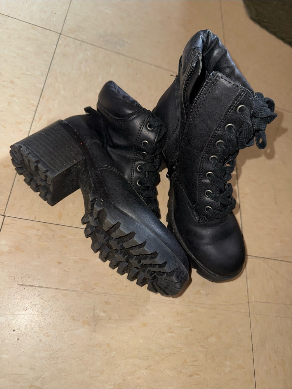 Women's Black Lace-Up Chunky Heel Combat Boots